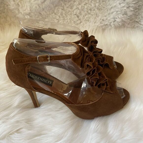 Fahrenheit brown faux suede ankle strap sandals peep toe size8.5 - Picture 1 of 9
